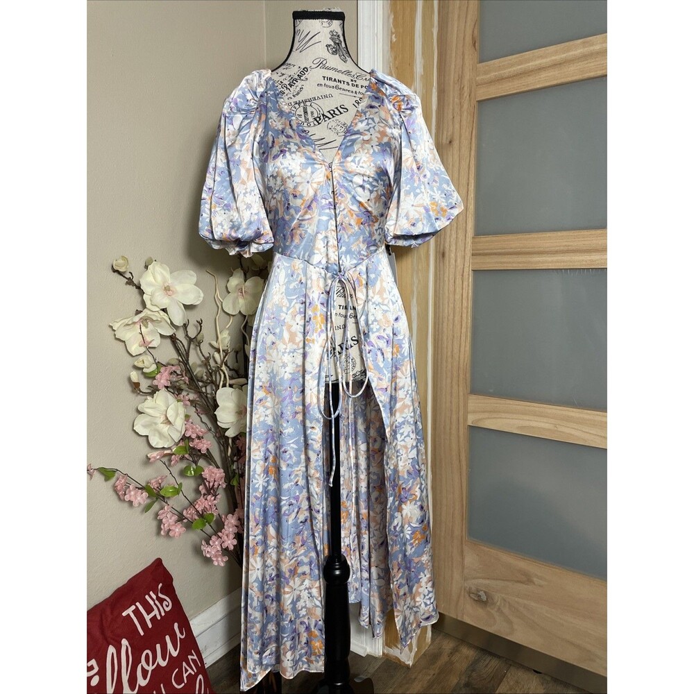 ASTR The Label Womens Small Floral Puff Sleeve Slit Maxi Deep V Cottagecore